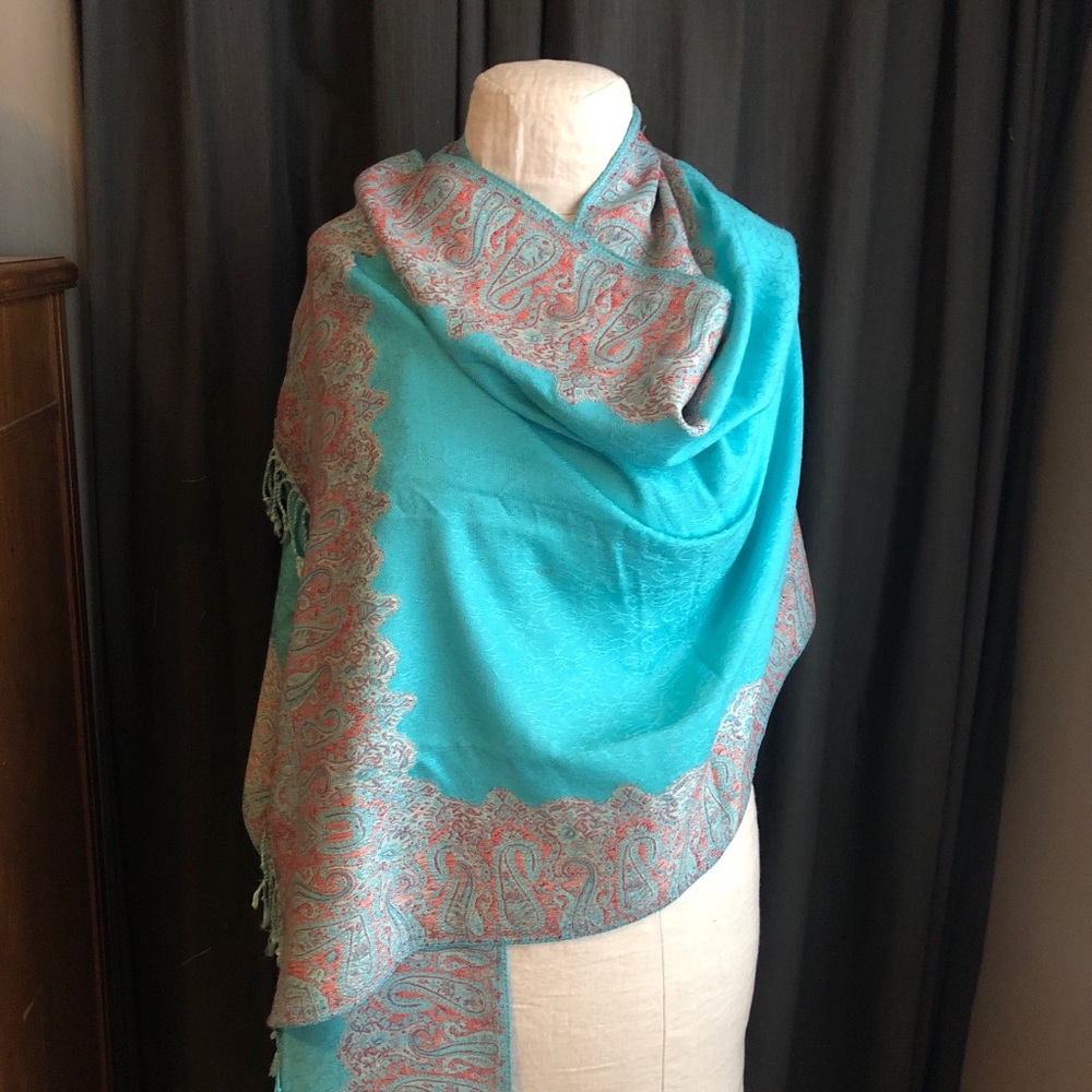 Turquoise and Pink Paisley & Solid Pashmina Scarf 27” x 80” - Picture 2 of 5